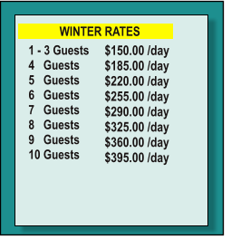 $150.00 /day  $185.00 /day 	 $220.00 /day 	 $255.00 /day 	 $290.00 /day 	 $325.00 /day 	 $360.00 /day 	 $395.00 /day 	  	  1 - 3 Guests 4   Guests		 5   Guests		 6   Guests		 7   Guests		 8   Guests		 9   Guests		 10 Guests	 		 	                WINTER RATES